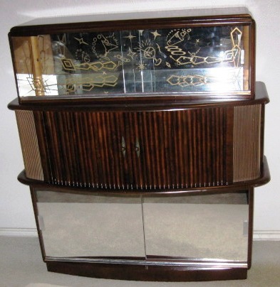 3-Tier Lighted Cocktail Cabinet of Dark Walnut with Tambour Doors